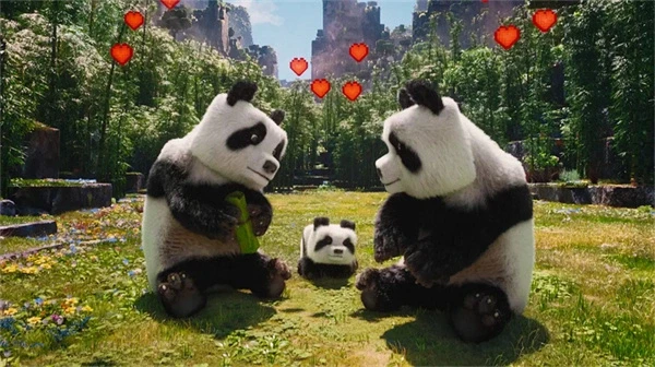 Panda family in "A Minecraft Movie" with red hearts around.