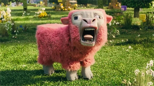Pink sheep from "A Minecraft Movie" standing on grass with its mouth open.