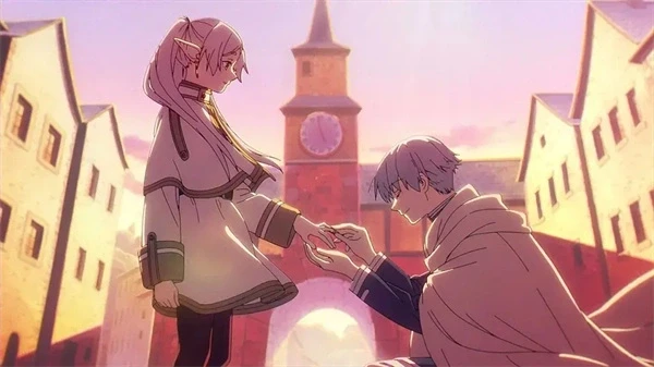 Two characters interact in a town setting in "Frieren: Beyond Journey's End".