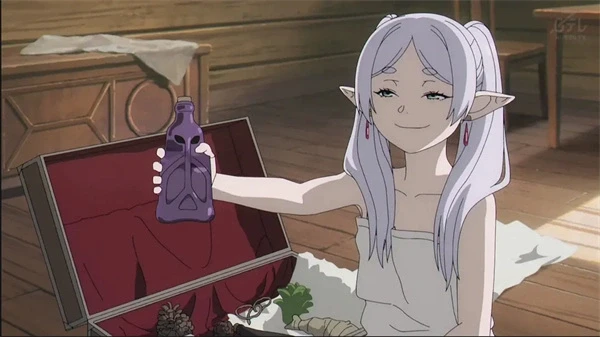 Frieren holds a purple bottle in "Frieren: Beyond Journey's End".